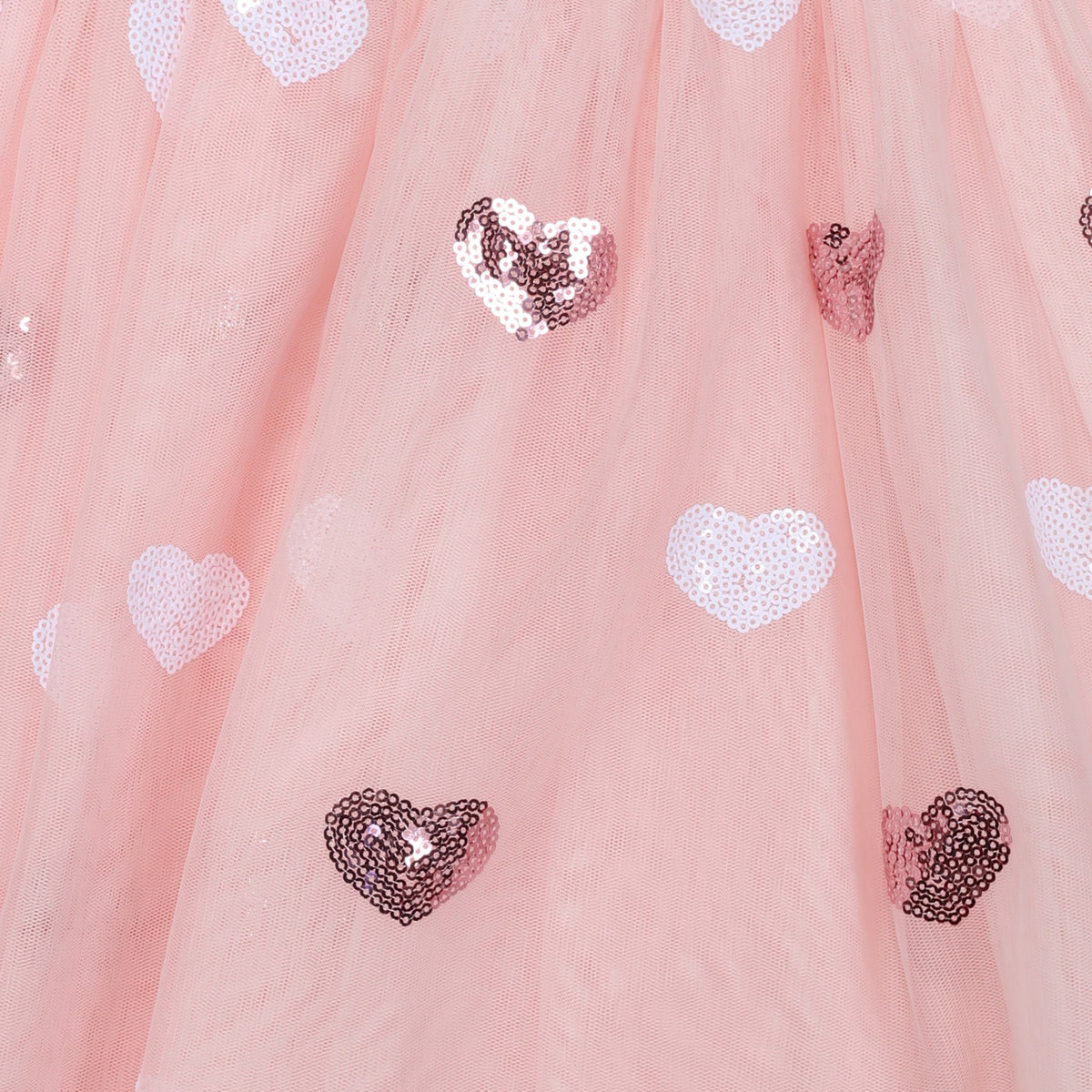 Light Pink tulle with sequin hearts colour swatch for the Girls Sequin Mesh Babydoll Dress