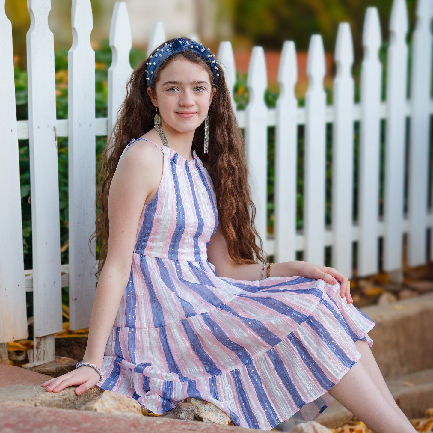 Tween Sequin Shadow Stripe Tiered Dress