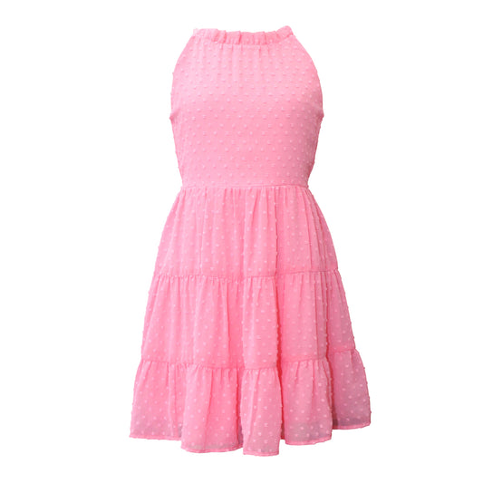 Tween High Neck Clip Dot Ruffle Dress