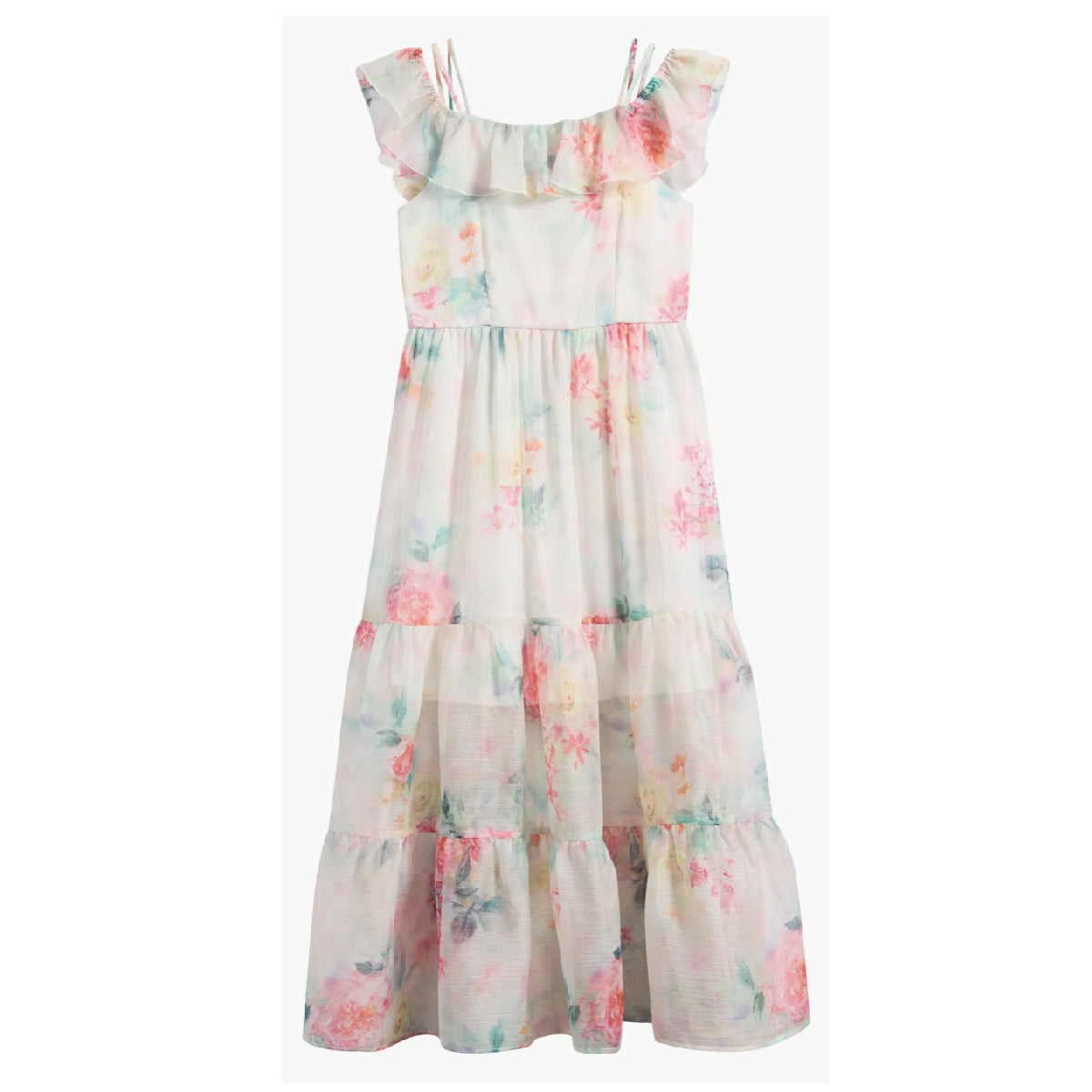Tween Print Ruffle Chiffon Maxi Dress