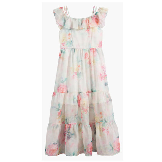 Tween Print Ruffle Chiffon Maxi Dress