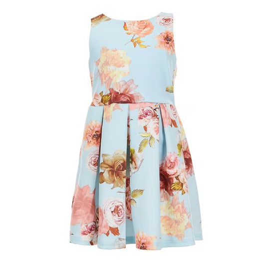 Tween Sleeveless Floral-Printed Pleated Fit-And-Flare Dress