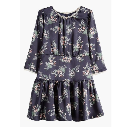 Tween Long-sleeved Floral Satin Dress