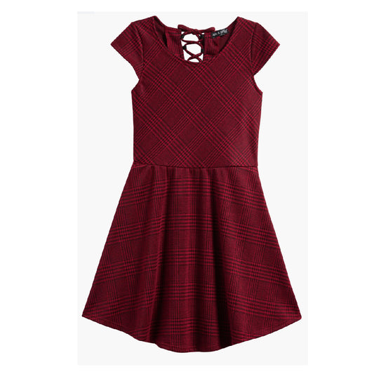 Tween Cap Sleeve Plaid Double-Knit Skater Dress