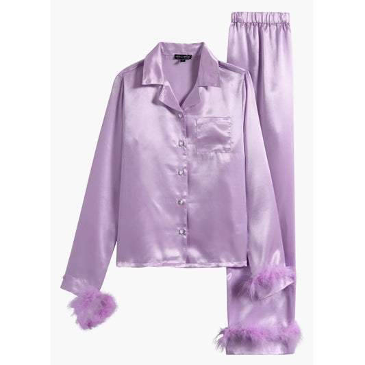Tween Faux Fur Trim Satin Pajamas