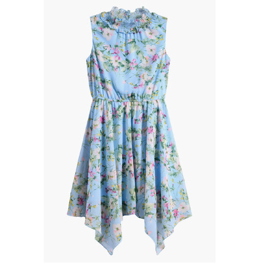 Tween Floral Print Chiffon Sleeveless Handkerchief Hem Dress