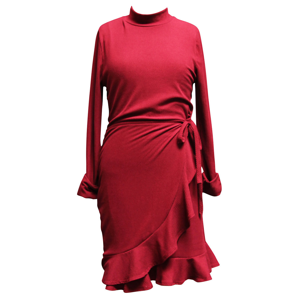 Ribbed Long Sleeve Faux Wrap Dress