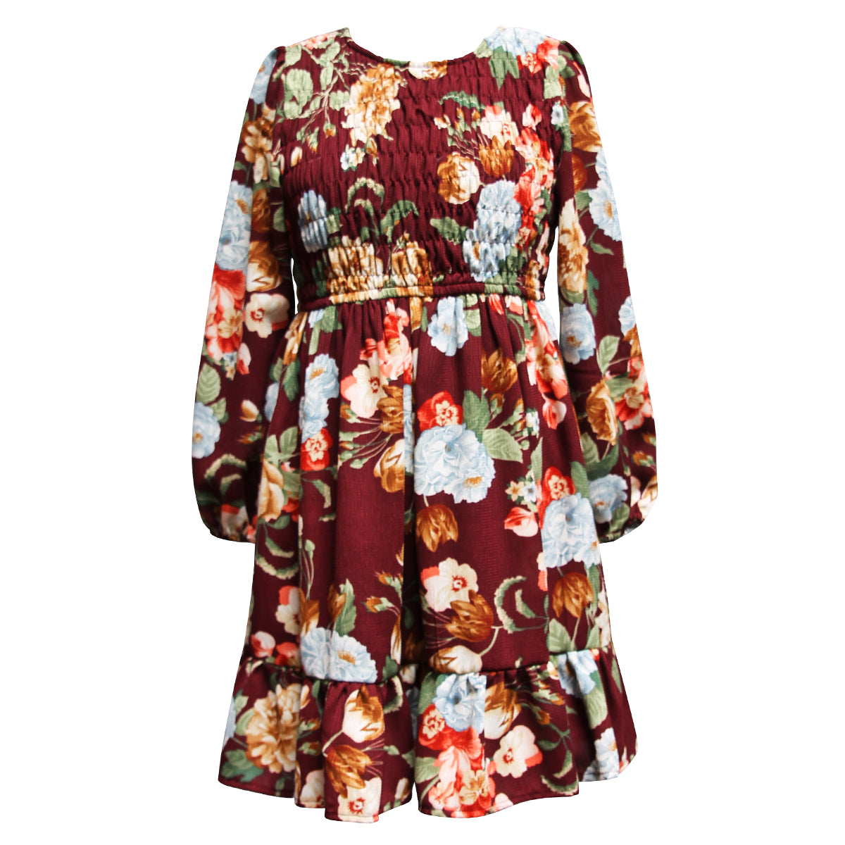 Tween Floral Smocked Long Sleeve Dress