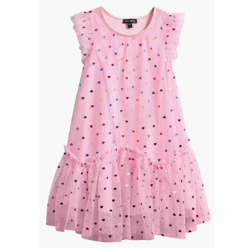 Girls Foil Heart Mesh Trapeze Party Dress