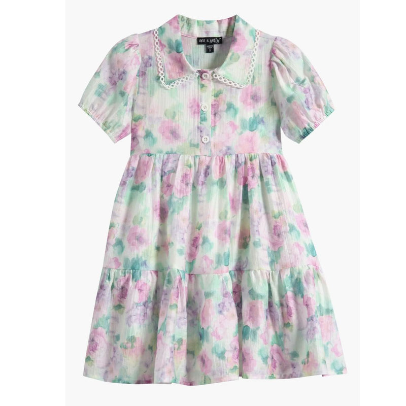Girls Floral Puff Sleeve Tiered Party Shirtdress