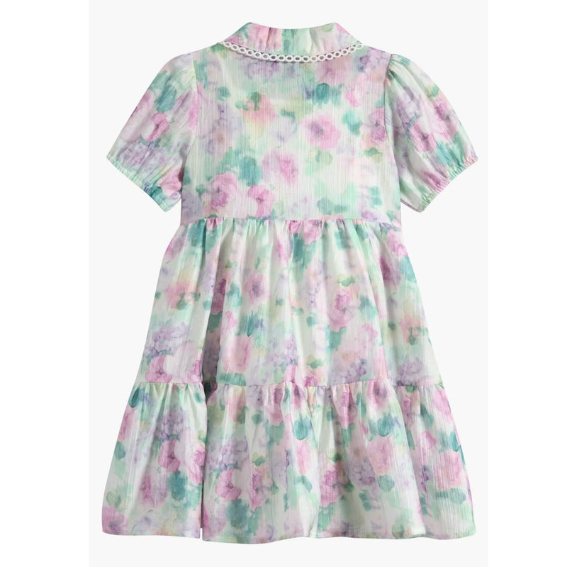 Girls Floral Puff Sleeve Tiered Party Shirtdress