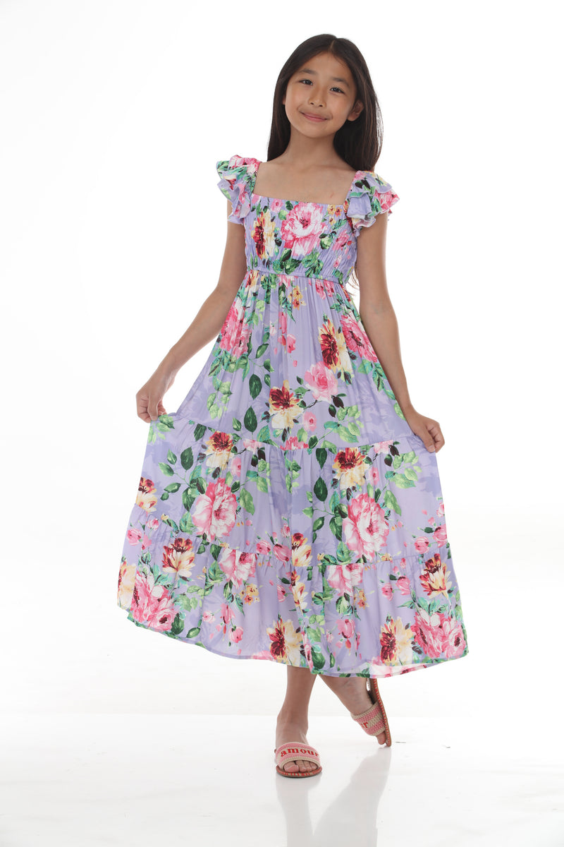 Tween Floral Smocked Bodice Maxi Dress