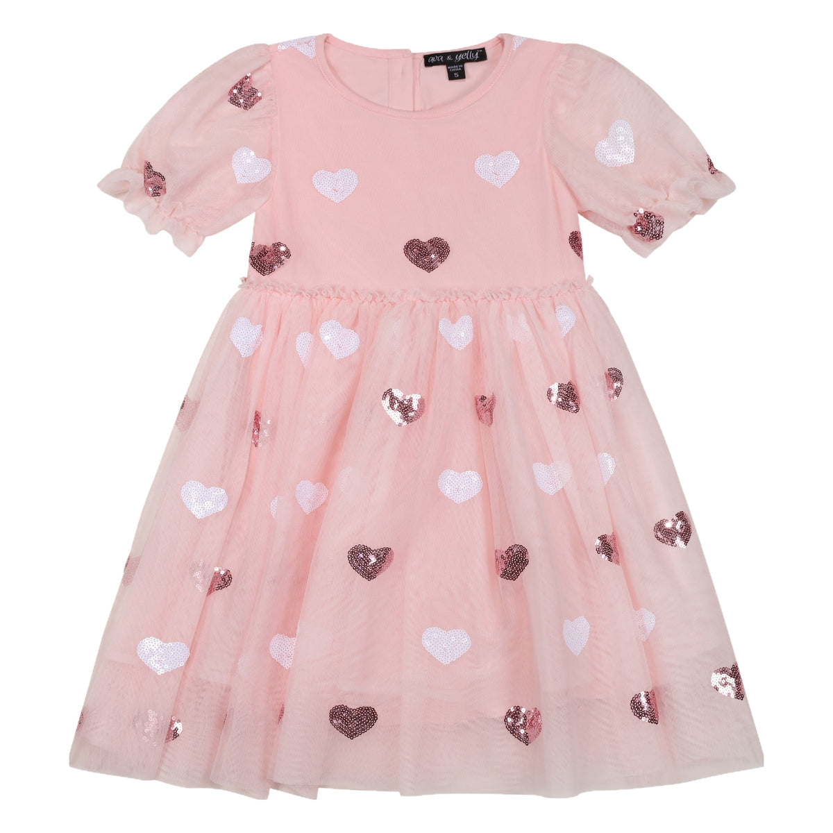 Girls Sequin Mesh Babydoll Dress in Light Pink, front flat with sequin hearts and sheer puff sleeves