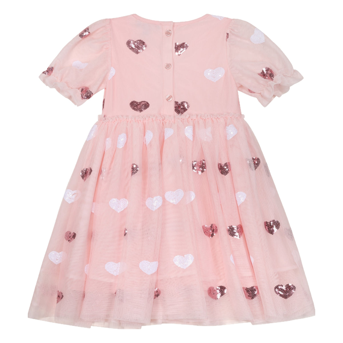Girls Sequin Mesh Babydoll Dress in Light Pink, back flat showing the button closure