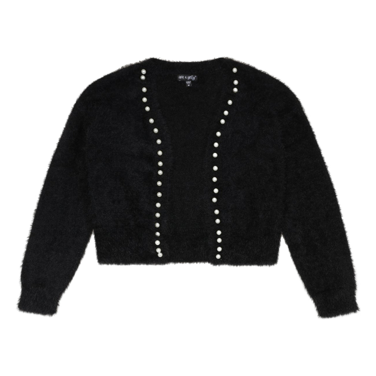 Tween Pearl Trim Fuzzy Cardigan in Black, front view with pearls along both front edges