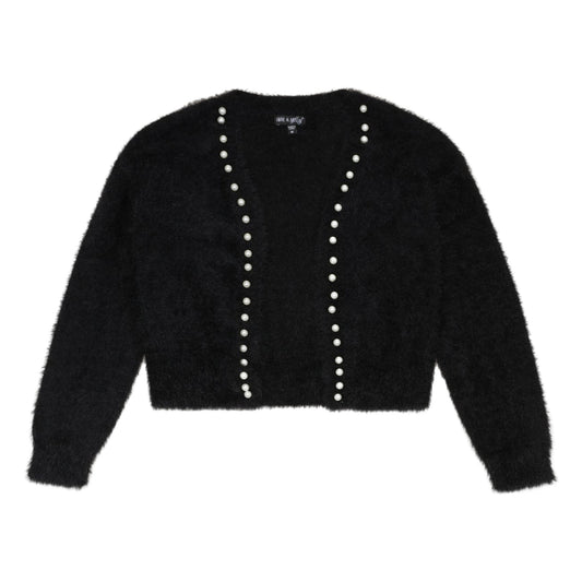 Tween Pearl Trim Fuzzy Cardigan in Black, front view with pearls along both front edges