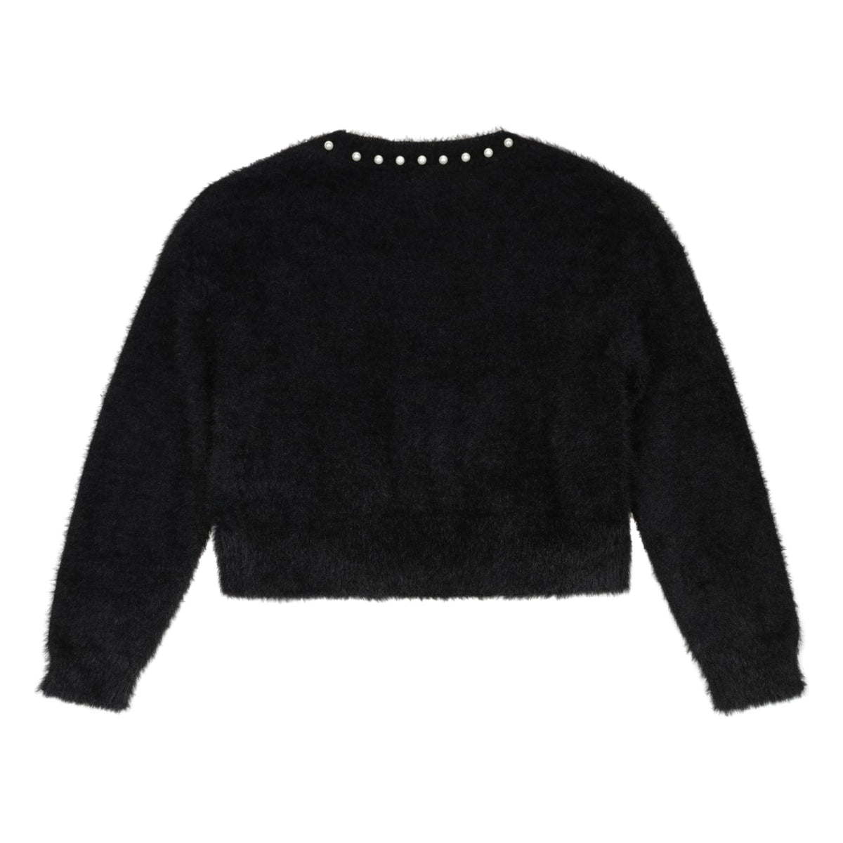 Tween Pearl Trim Fuzzy Cardigan in Black, back view with pearls across the neckline