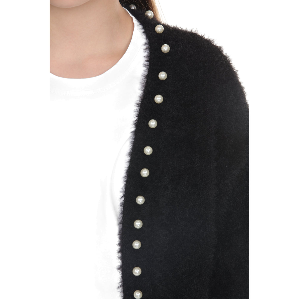 Close-up of the Black fuzzy knit cardigan with a row of pearls along the front edge