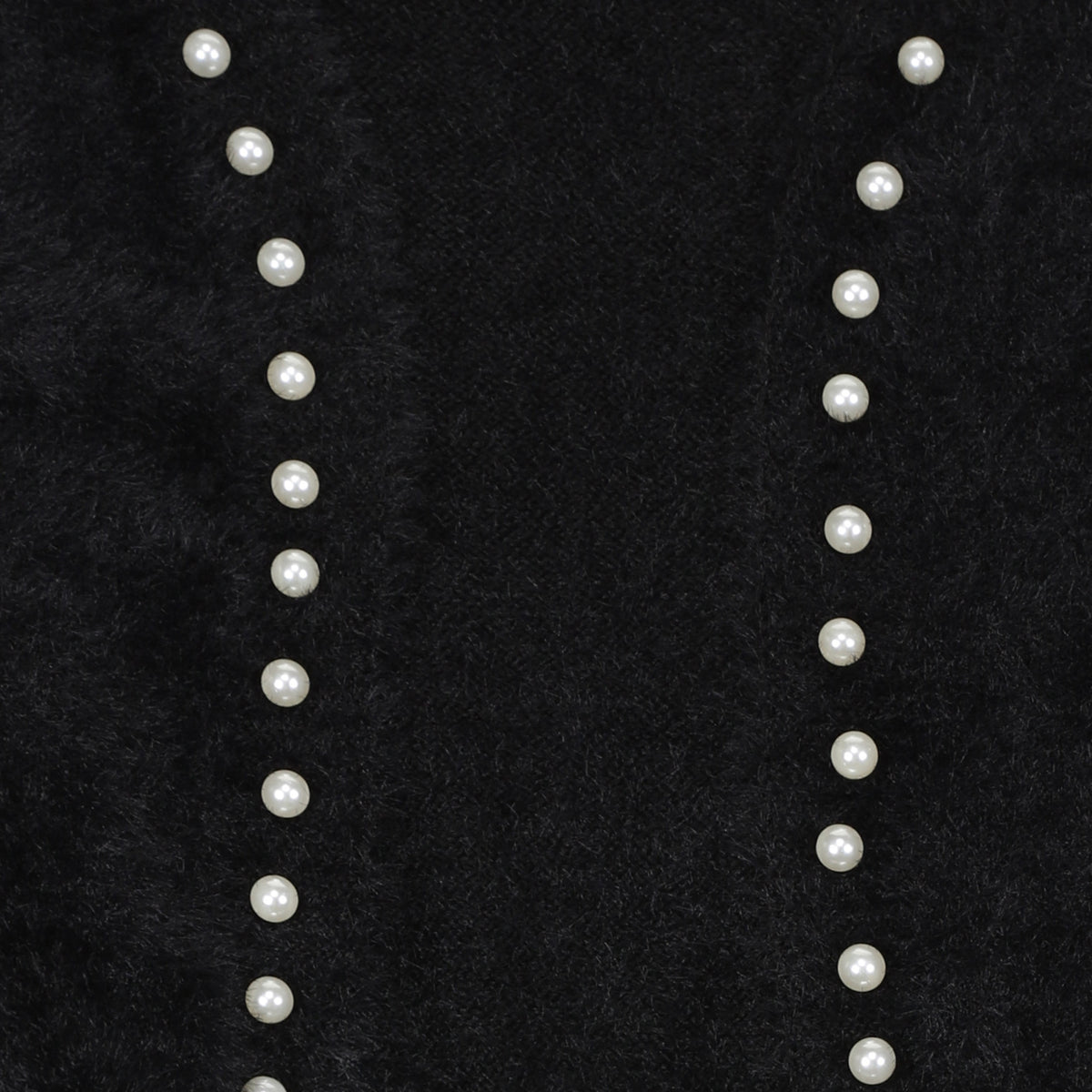 Black fuzzy knit swatch with pearl trim