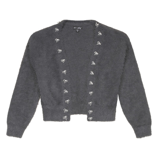 Tween Embellished Fuzzy Cardigan in Charcoal, front flat with little white bows down both front edges