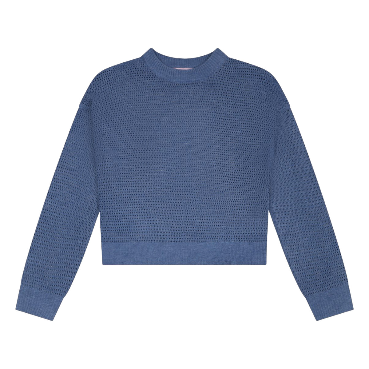 Blue open-knit cropped sweater from the sweater and floral dress set, front flat view with ribbed crew neck