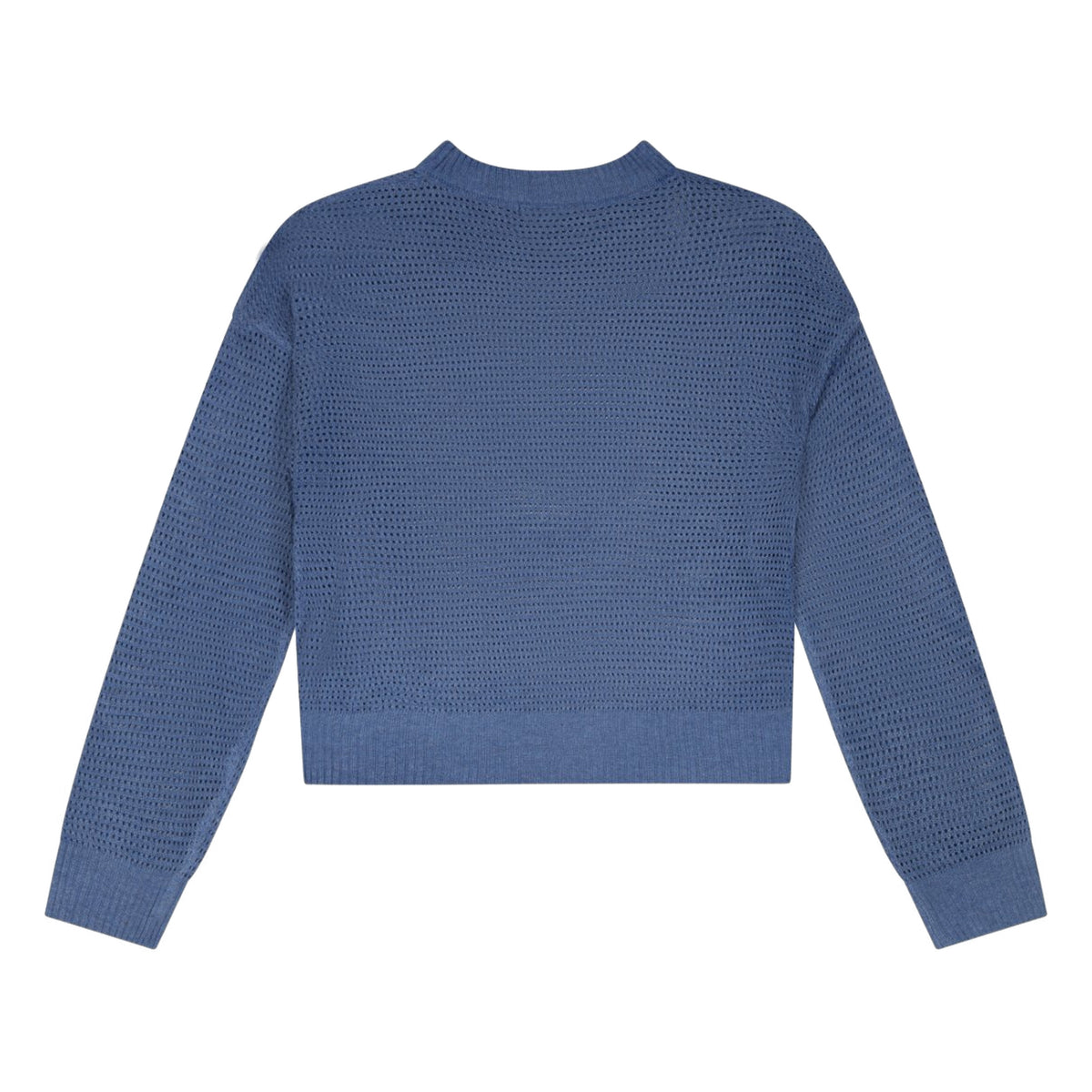 Blue open-knit cropped sweater from the set, back flat view with long sleeves and ribbed cuffs