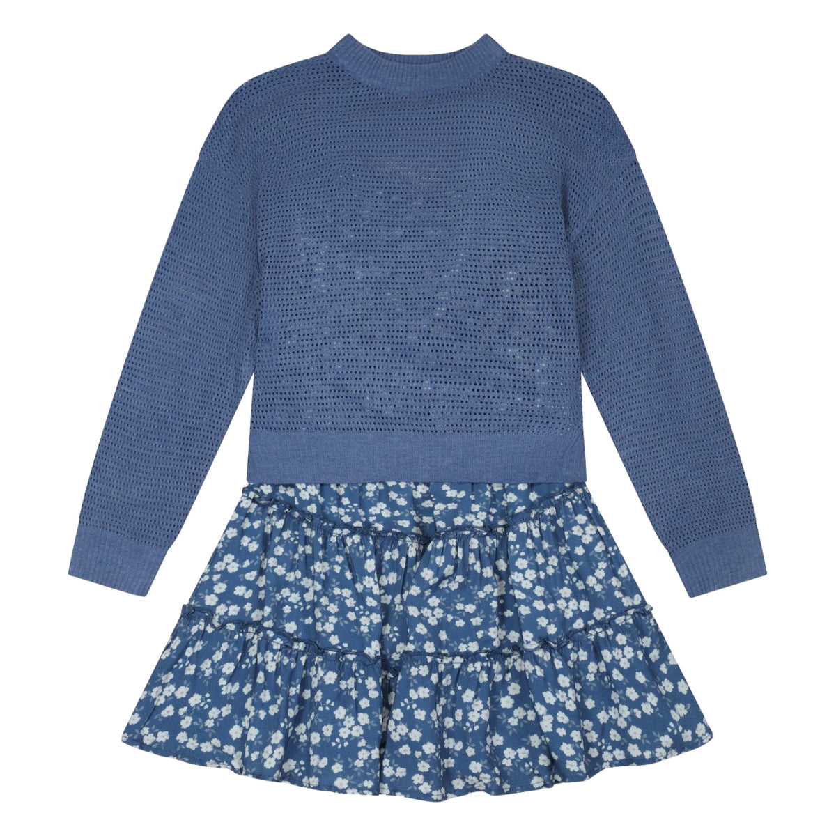 Blue open-knit sweater and blue floral tiered dress set, flat lay showing both pieces together