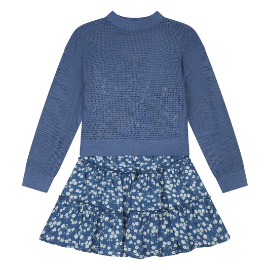Blue open-knit sweater and blue floral tiered dress set, flat lay showing both pieces together