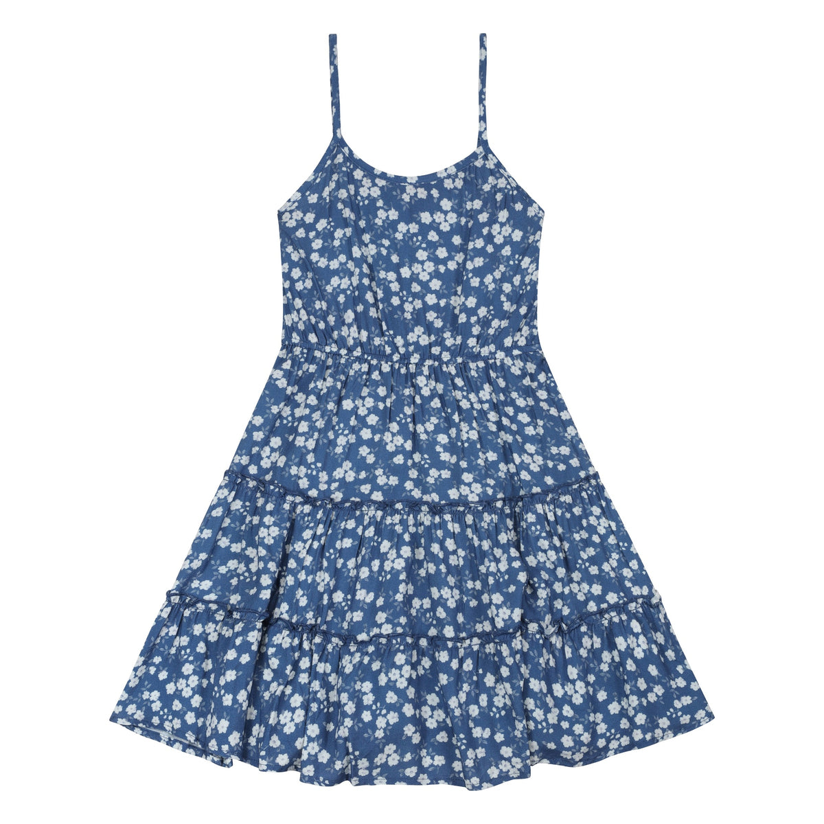 Blue floral tiered cami dress from the sweater and dress set, front flat view with spaghetti straps