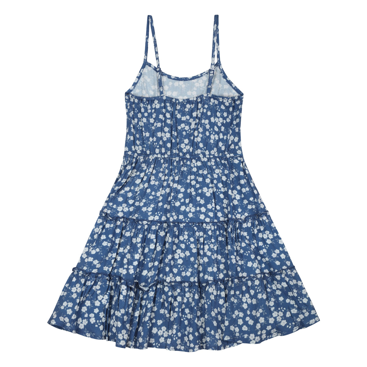 Blue floral tiered cami dress from the set, back flat view showing straps and tiered skirt