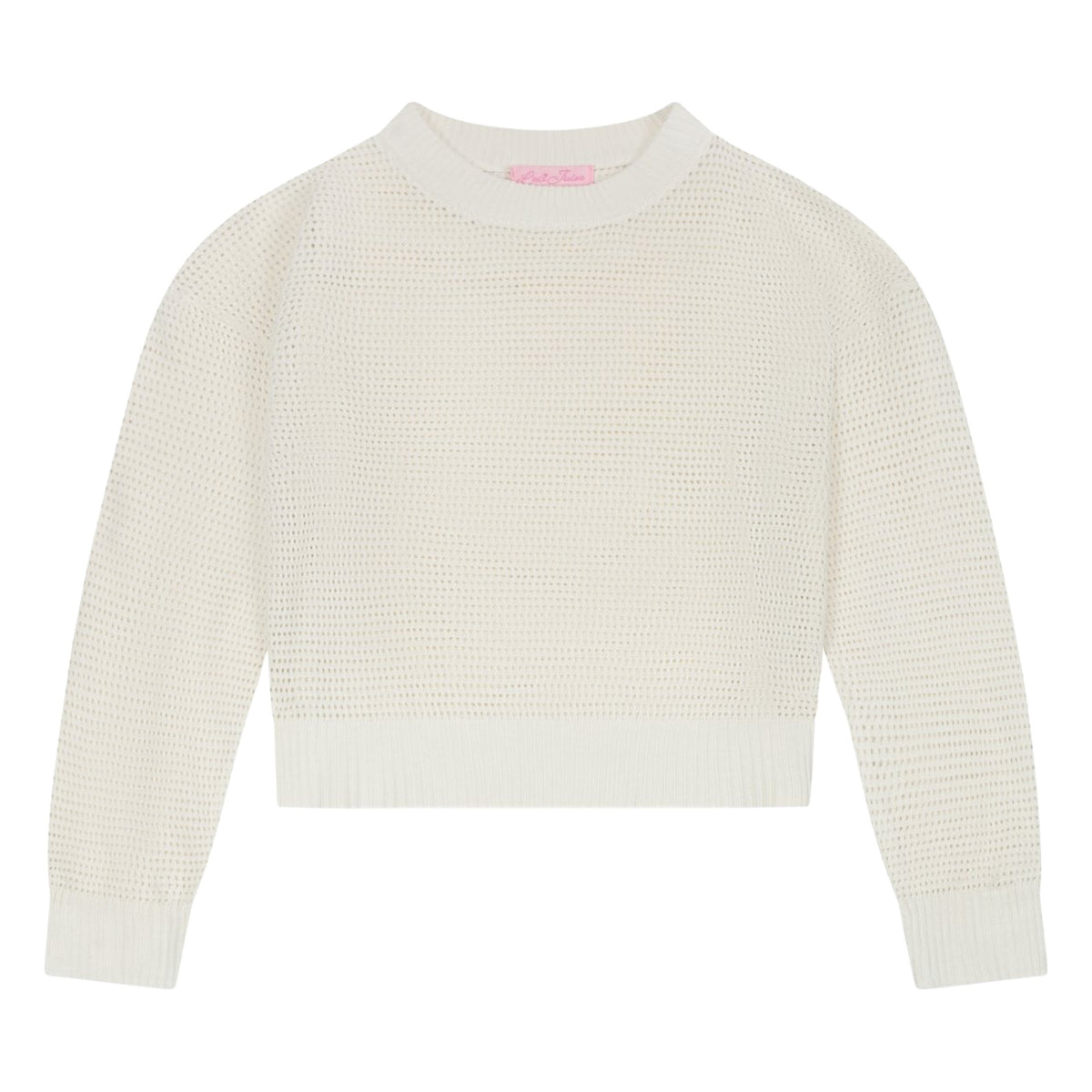 Ivory open-knit cropped sweater from the sweater and floral dress set, front flat view with ribbed crew neck