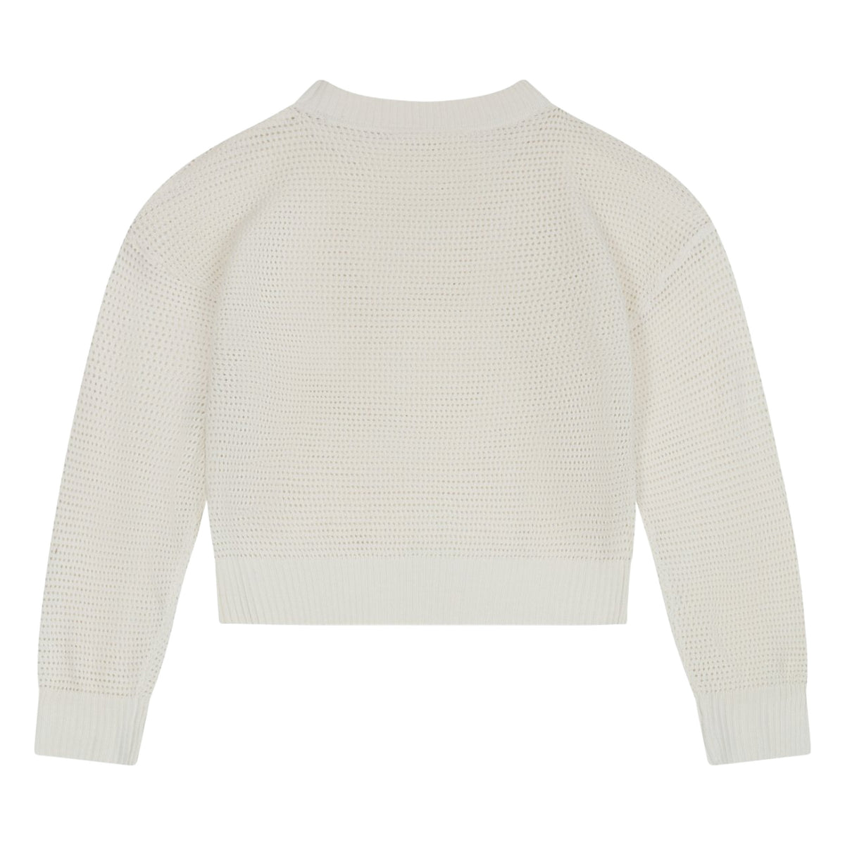 Ivory open-knit cropped sweater from the set, back flat view with dropped shoulders and ribbed cuffs