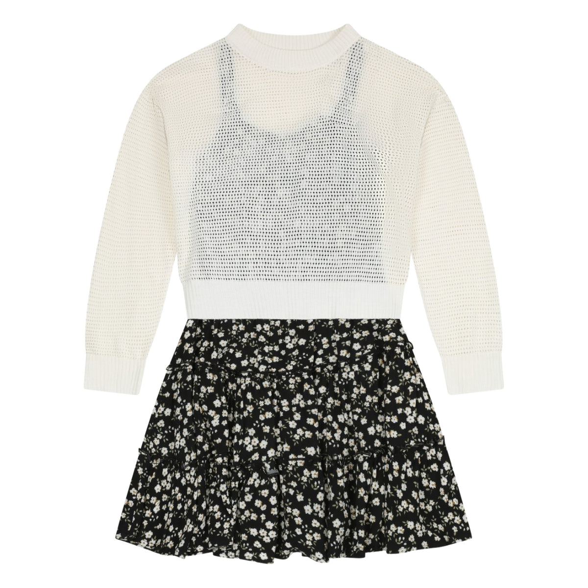 Ivory open-knit sweater over a black floral cami dress, flat lay showing both pieces of the set