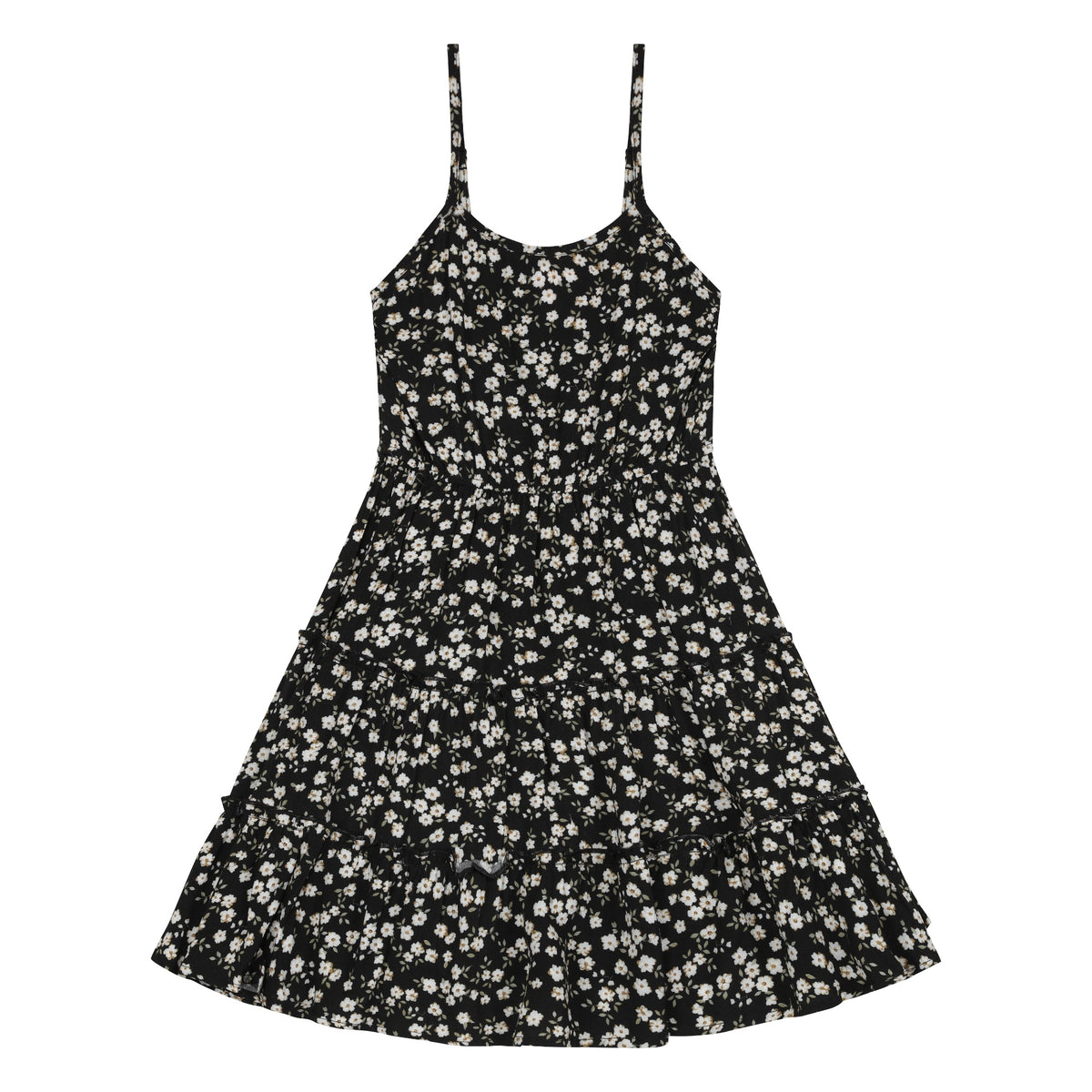 Black floral tiered cami dress from the sweater and dress set, front flat view with spaghetti straps
