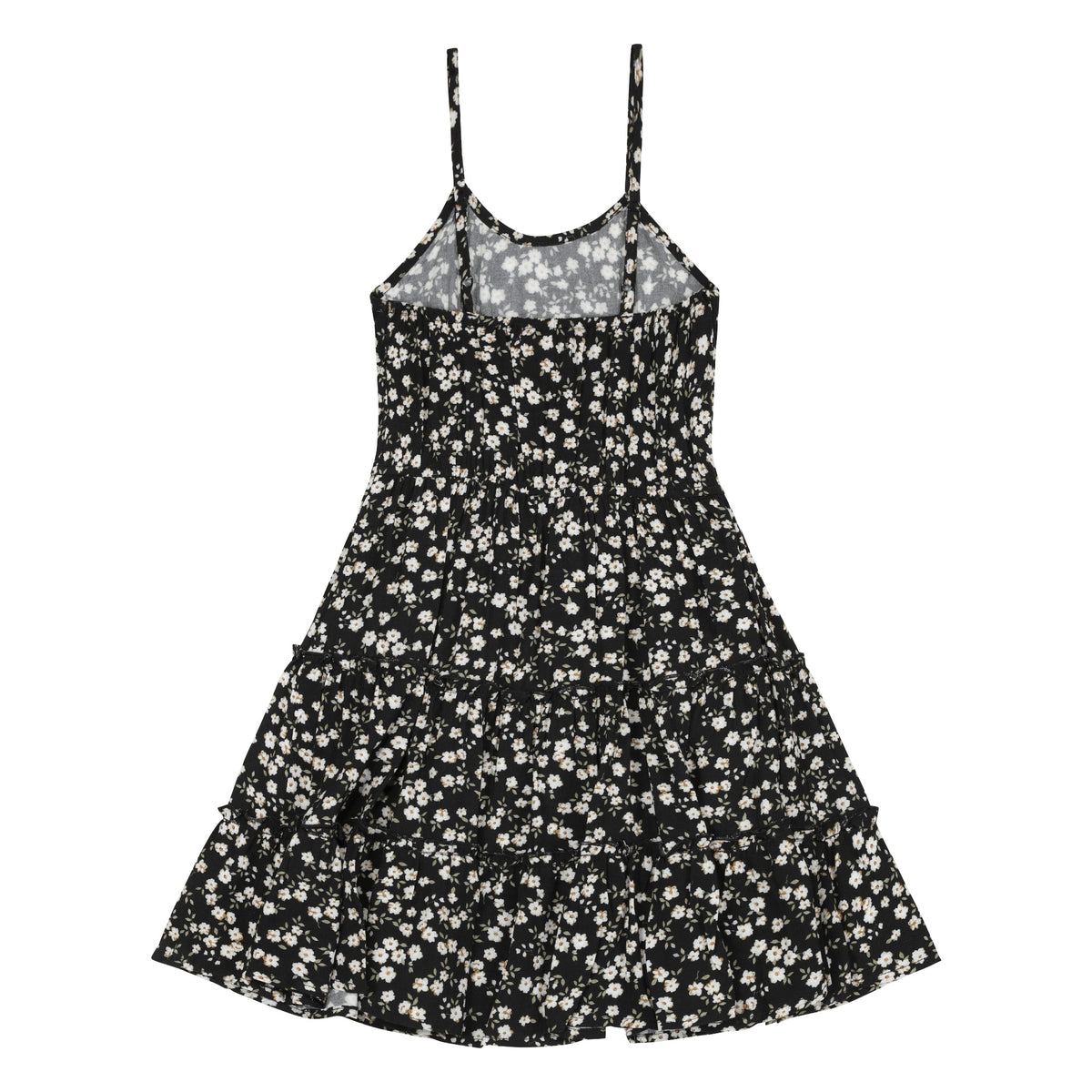 Black floral tiered cami dress from the set, back flat view showing straps and tiered skirt