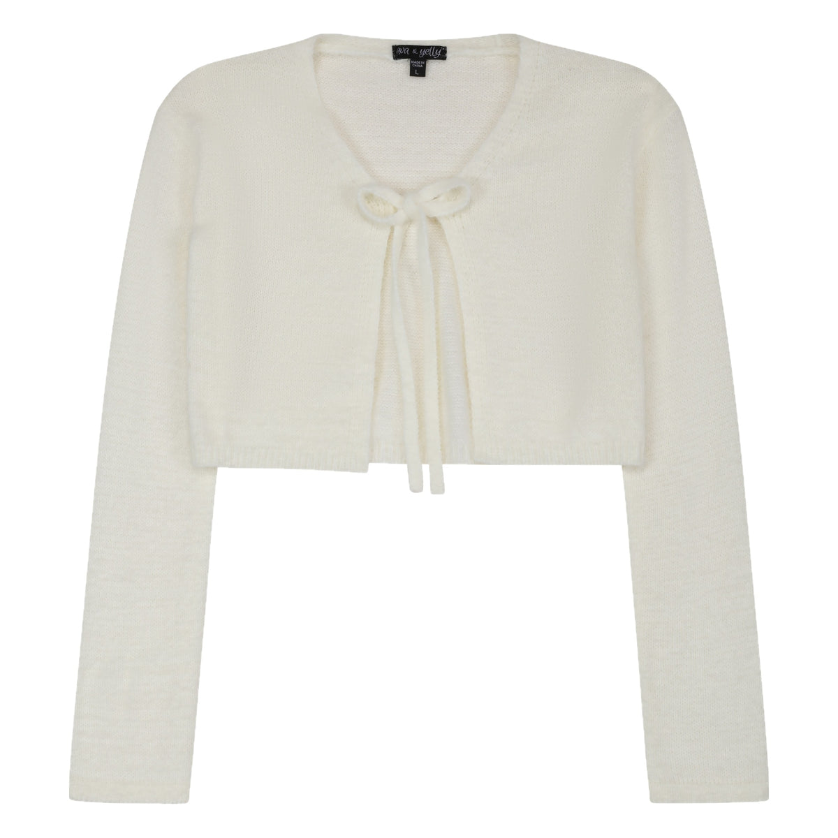 Tie Front Fuzzy Cardi in Ivory, front flat with the bow tie at the neckline and cropped hem