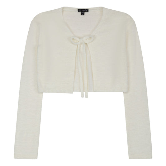 Tie Front Fuzzy Cardi in Ivory, front flat with the bow tie at the neckline and cropped hem