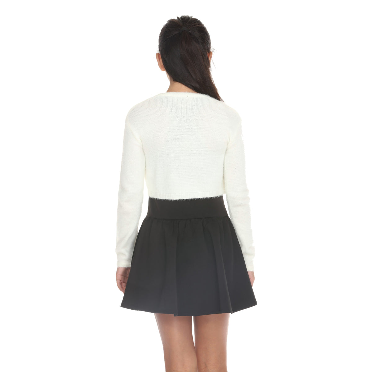 Back view of model in the Ivory Tie Front Fuzzy Cardi, showing the cropped length and long sleeves