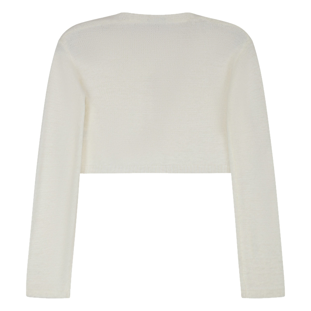Tie Front Fuzzy Cardi in Ivory, back flat showing the cropped hem and long sleeves