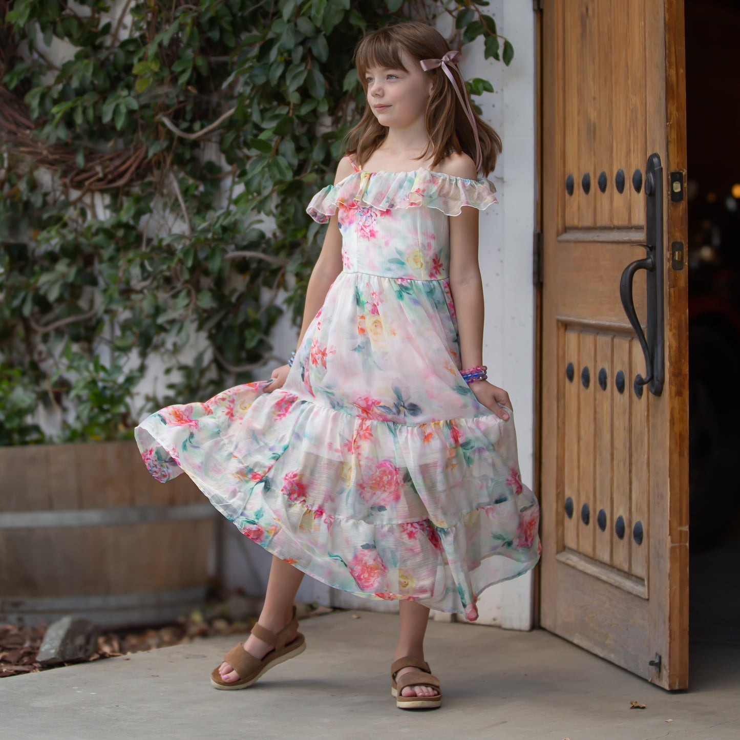 Tween Print Ruffle Chiffon Maxi Dress