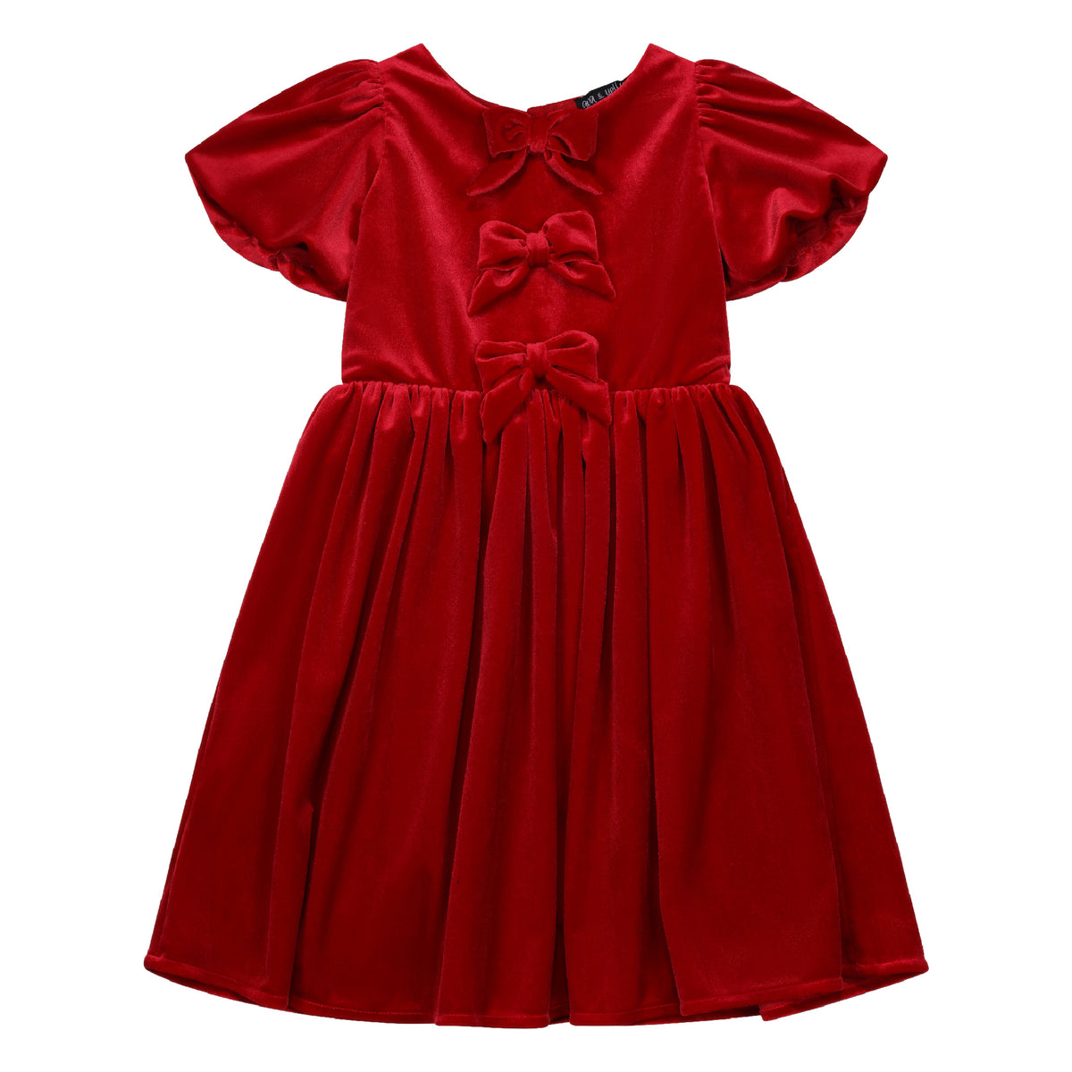 Girls Velvet Bow Dress in Red, front view with three velvet bows and puffed sleeves