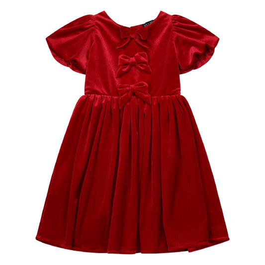 Girls Velvet Bow Dress in Red, front view with three velvet bows and puffed sleeves