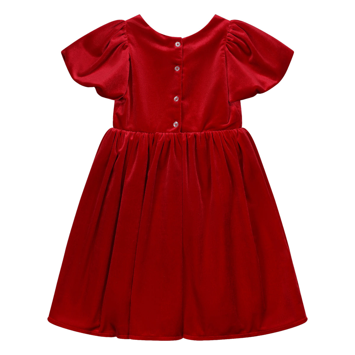 Girls Velvet Bow Dress in Red, back view with buttons down the back and gathered skirt