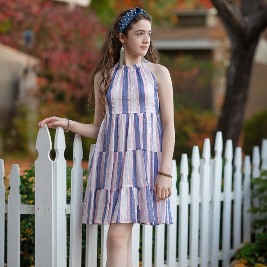 Sequin Shadow Stripe Tiered Dress