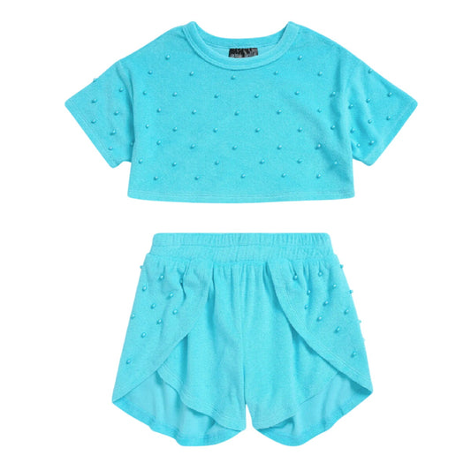Tween Faux Pearl Cover-Up Crop Top & Shorts Set