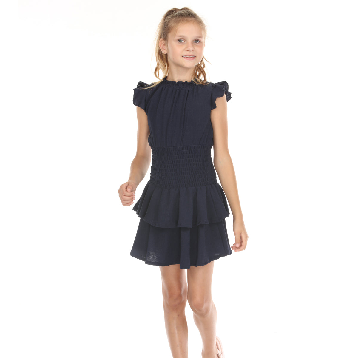 Tween Smocked Ruffle Texture Knit Dress