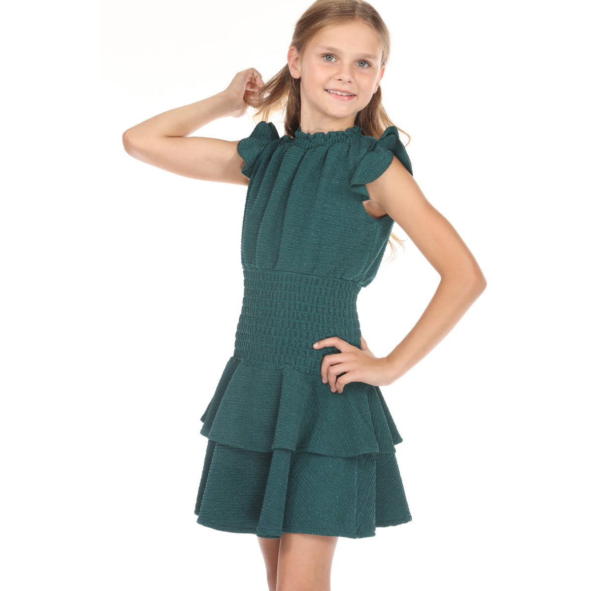 Tween Smocked Ruffle Texture Knit Dress