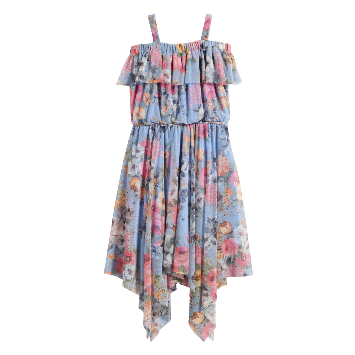 Floral Cold Shoulder Handkerchief Hem Dress