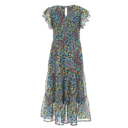Tween Ruffle Sleeve Floral Printed Chiffon Maxi