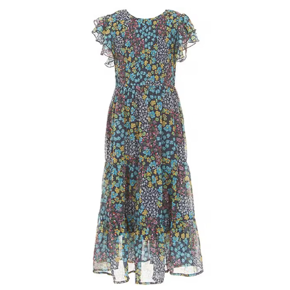 Tween Ruffle Sleeve Floral Printed Chiffon Maxi